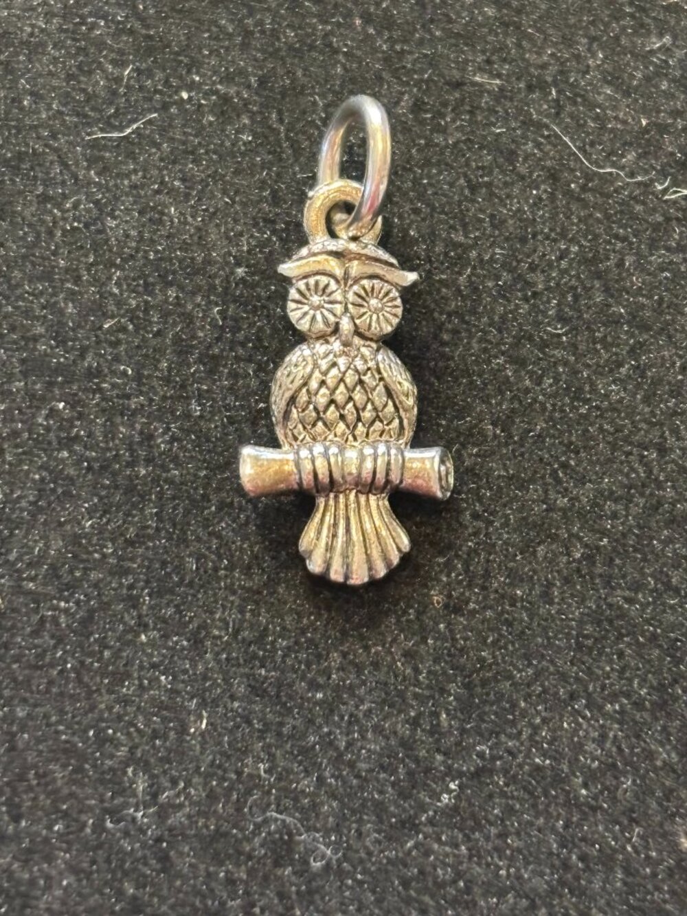 Vintage Silver Tone Metal Owl Perched on a Branch Charm Pendant